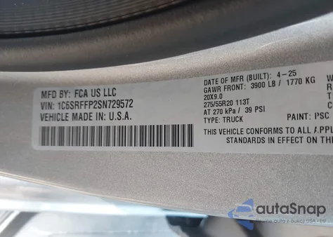 2025 Ram 1500 Big Horn 4X4 5'7 Box z USA, uszkodzony, nr VIN 1C6SRFFP2SN729572